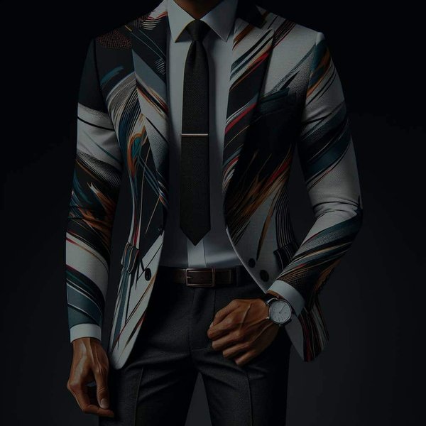 What Are the Key Elements of a Professional Outfit Featuring a Bold Graphic Blazer?